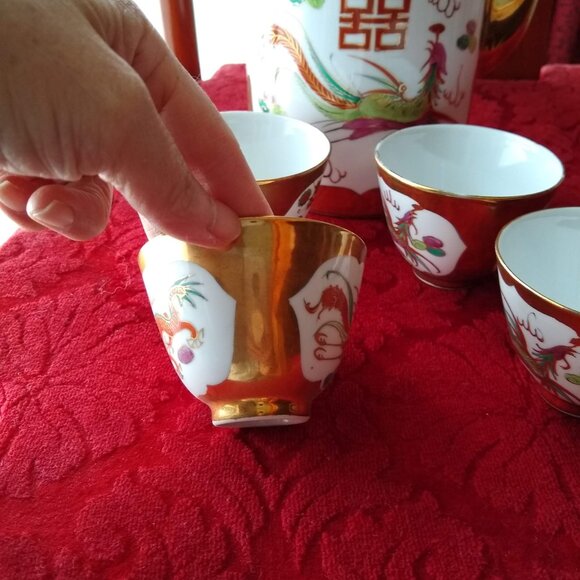 Vintage Chinese porcelain tea pot cups set dragon phoenix double happiness - Picture 4 of 13